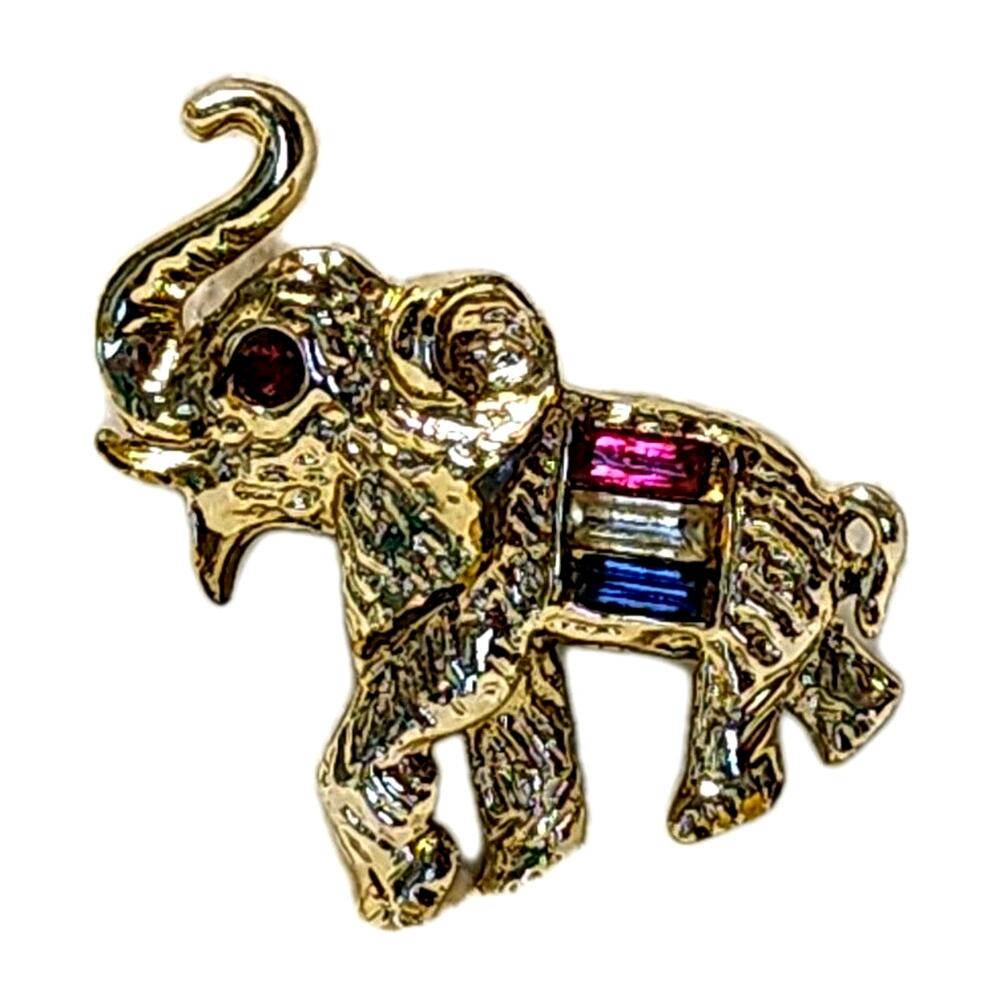Vintage Lucky Trunk Up Silver Tone Elephant Pin Brooch Blue White Red Glass Gems